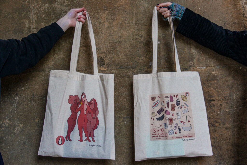 Both tote bag designs side by side. Left designed by Sophie Thwaites, right designed by Emily Thompson